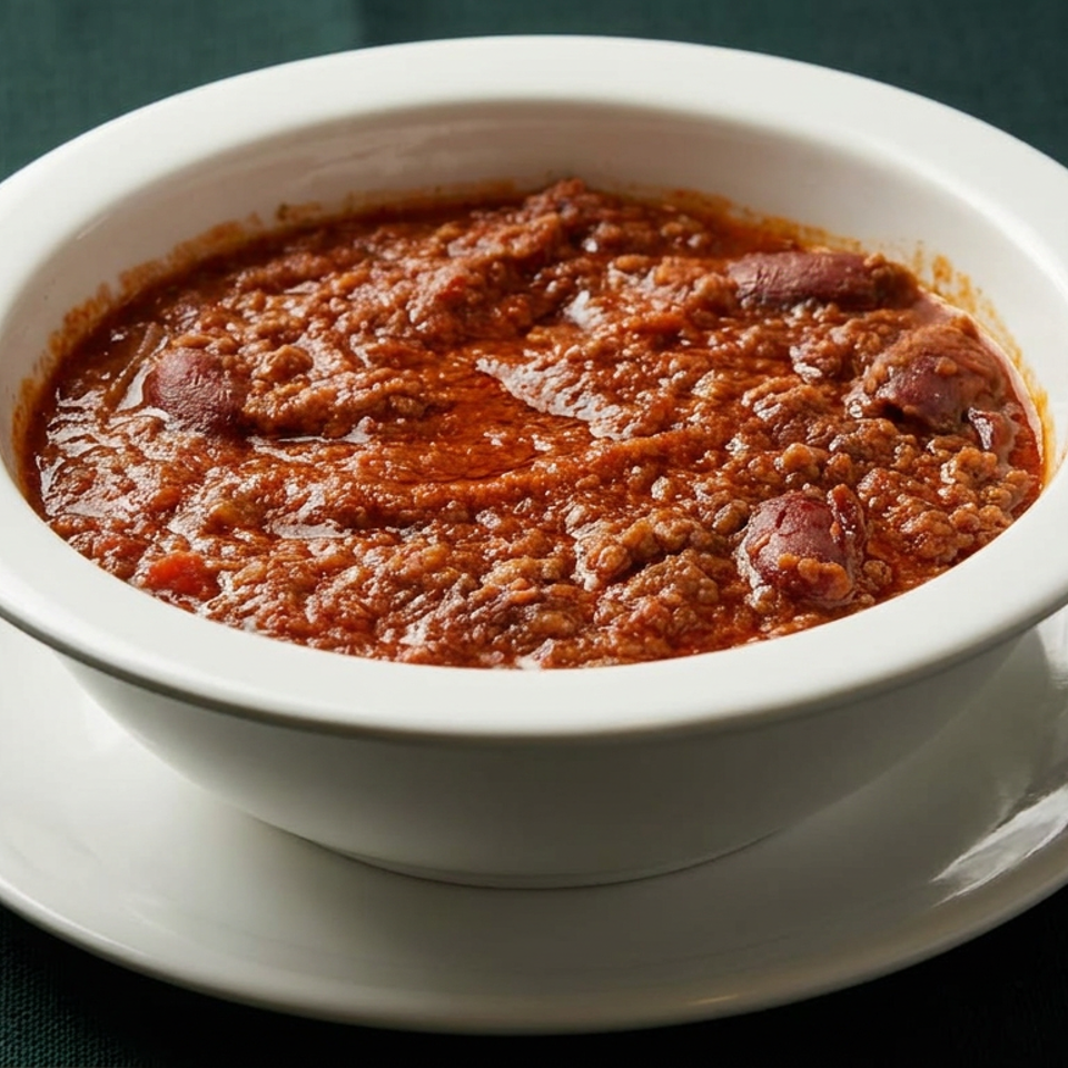 Bowl of hearty red chili with ground meat and beans on a white saucer against a dark green tablecloth.