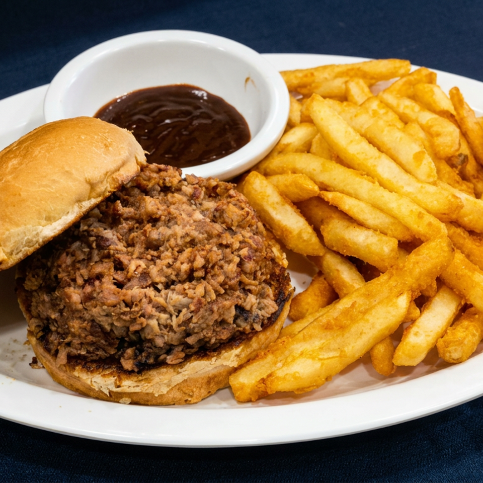 Burger topped with crispy fried onions, golden fries, and a side of dark dipping sauce on a white plate.