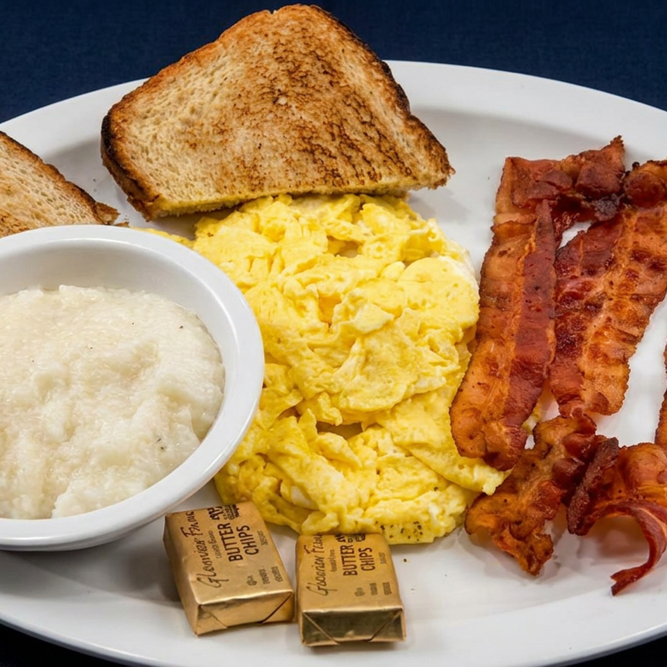 Breakfast plate with scrambled eggs, bacon, toast, grits, and two butter packets.