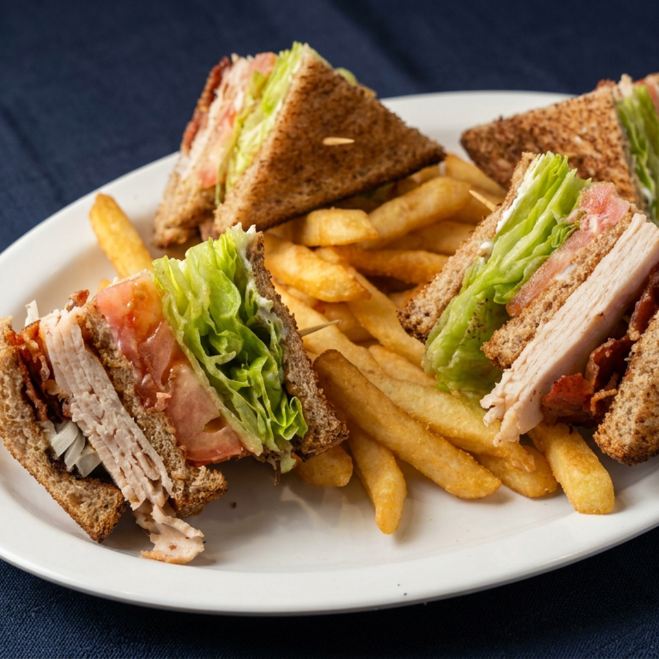 Club sandwiches with turkey, bacon, lettuce, and tomato served with golden fries on a white plate.