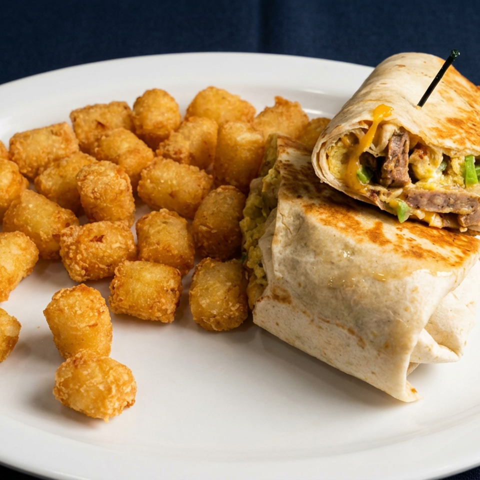 Toasted wrap filled with vegetables and mushrooms served alongside crispy golden potato tots on a white plate.