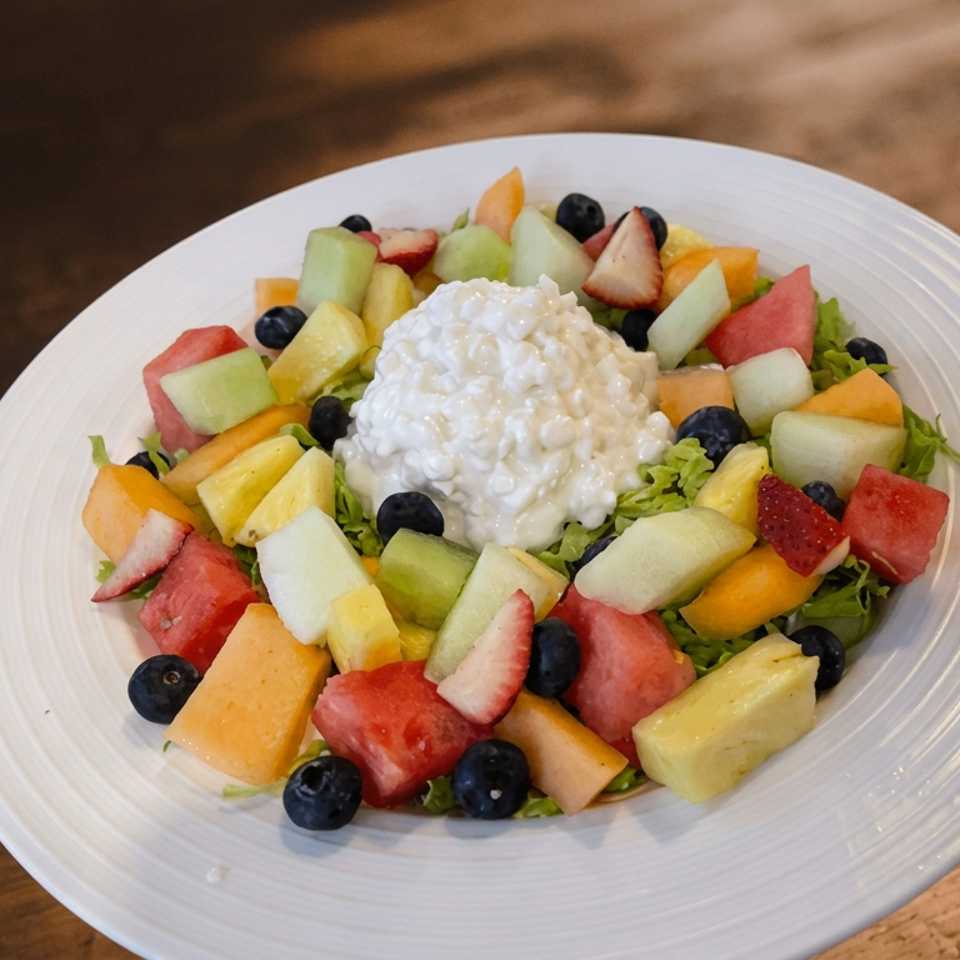 Colorful fruit salad with cottage cheese, berries, melon, pineapple, and strawberries arranged on greens in a white plate.