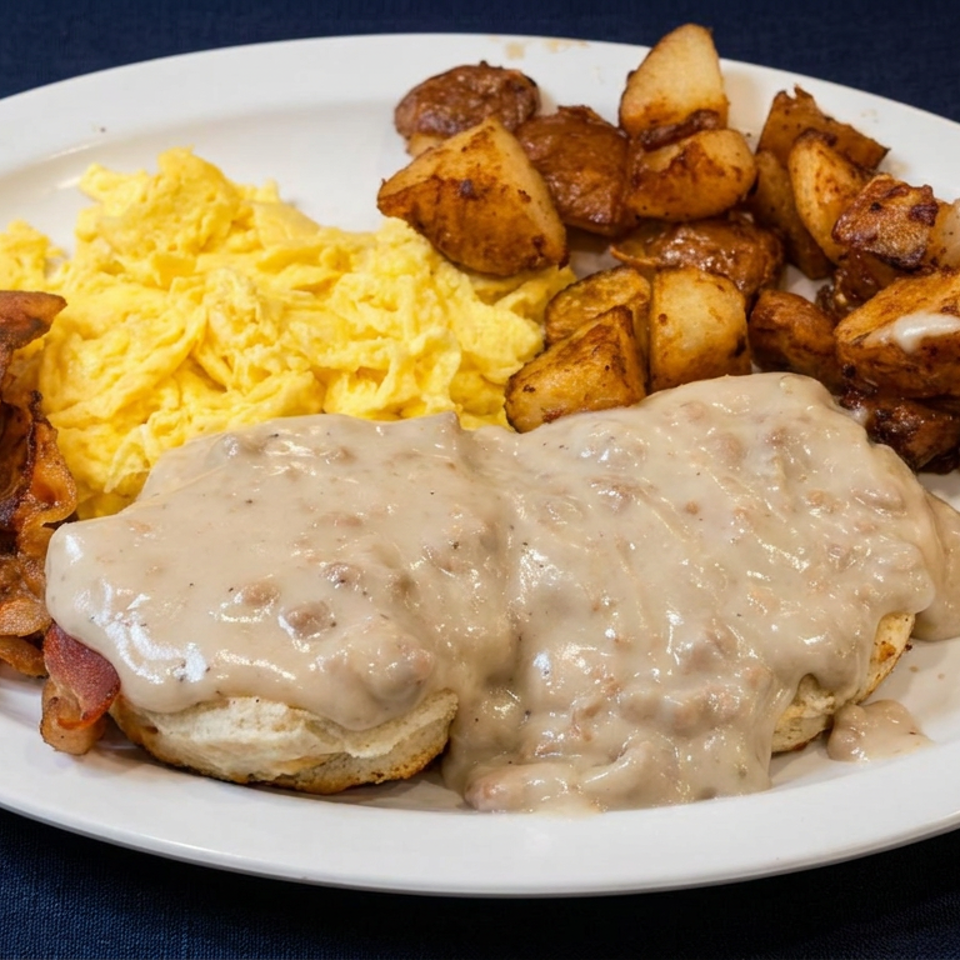 Breakfast platter with biscuits and sausage gravy, scrambled eggs, bacon, and seasoned roasted potatoes on a white plate.