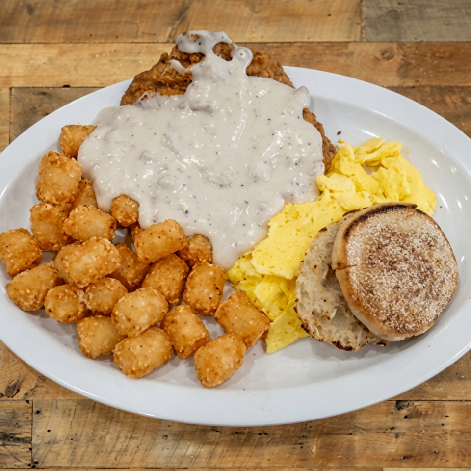 Breakfast plate with fried chicken covered in sausage gravy, scrambled eggs, crispy tater tots, and toasted English muffins.