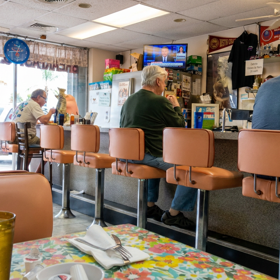 Retro diner interior with counter seating, patrons watching television, and a floral table set with utensils and a drink.