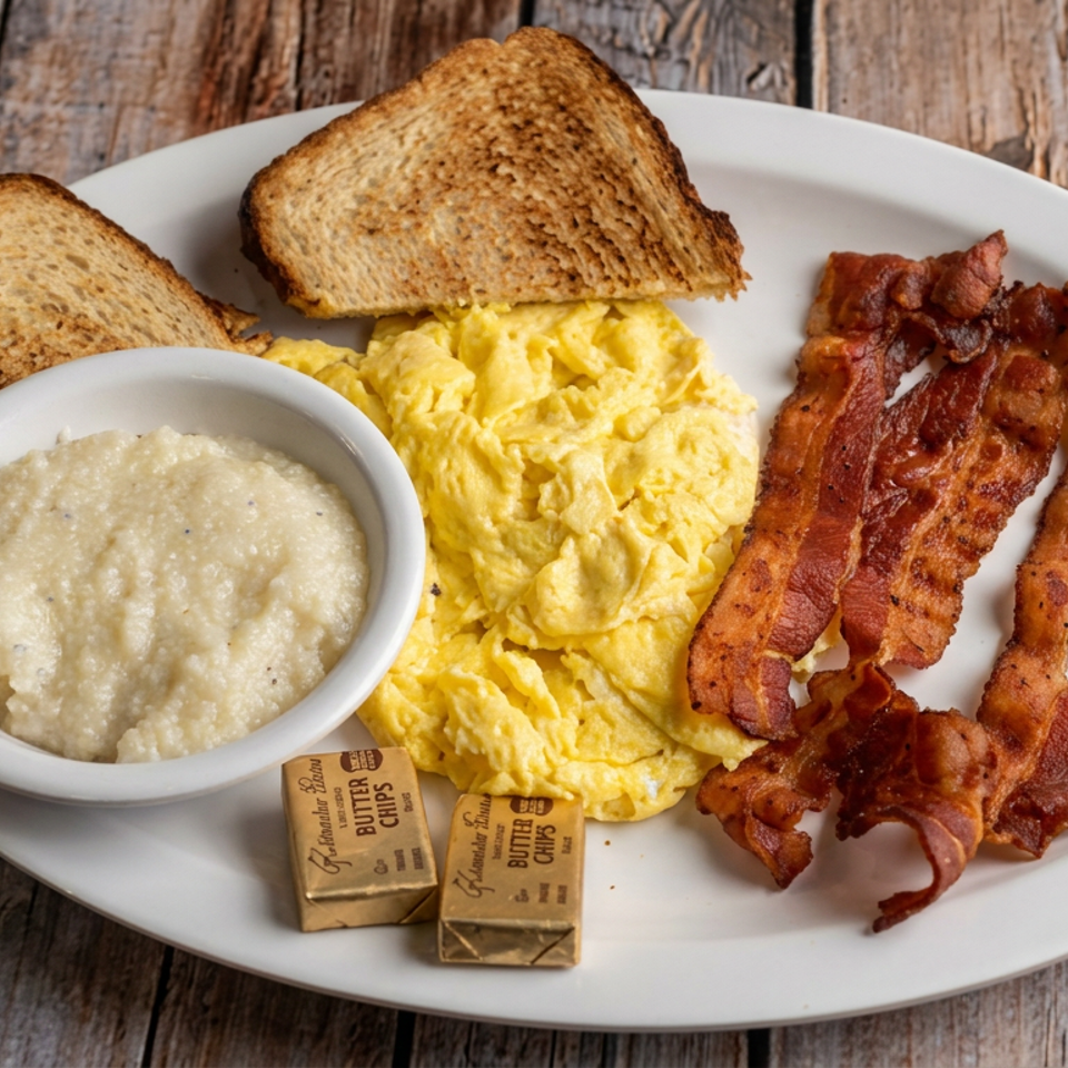 Breakfast plate with scrambled eggs, bacon, toast, grits, and butter packets on a rustic wooden table.